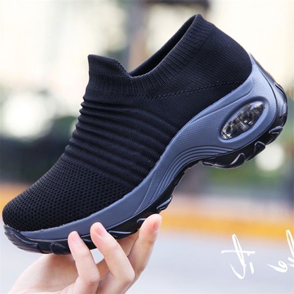 

women sneakers running shoes sports breathable mesh comfortable platform air cushion sneaker lightweight 220816, Black;white