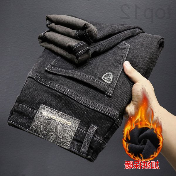 

men's jeans designer 2022 new winter men's plush thickened jeans korean fashion small foot straight pants casual inlm, Blue