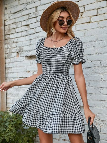 

plaid print shirred detail dress l92e#, Black;gray