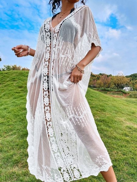 

mesh guipure lace trim cover up dress without bikini f2et#, White;black