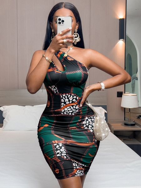 

sxy random chain print one shoulder cut out bodycon dress i9nm#, Black;gray