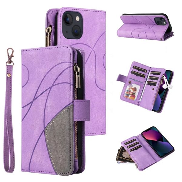 Многофункциональные кожаные кошельки для iPhone 14 13 Pro Max 12 11 XR xs x 8 7 6 Держатель сплайсинг гибридный цветовой флип -крышка Cash Card Pocket Slot Busness Phone Phone Mupper Pouch