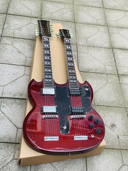 

custom electric guitar dark red jimmypage double neck 6 12 strings guitar