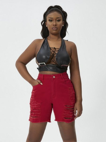 

sxy plus high waist ripped raw cut denim shorts z60o#, White;black