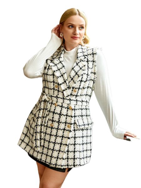 

plus plaid tweed double breasted raw cut belted vest overcoat m5qy#, Black
