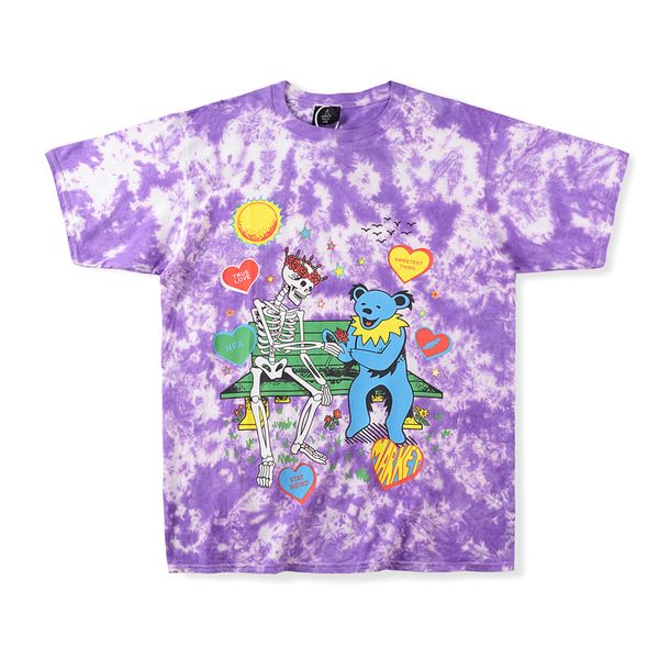 

tie dye t shirt tee purple men women skull bear print short sleeve t-shirt, White;black