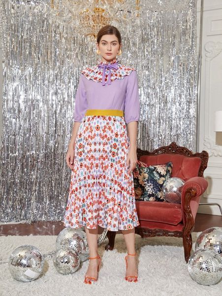 

x angela ruffle neck bow front floral dress d0fe#, Black;gray