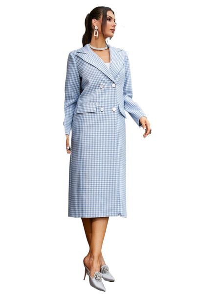 

x farah gingham lapel collar double breasted tweed coat a6ui#, Black