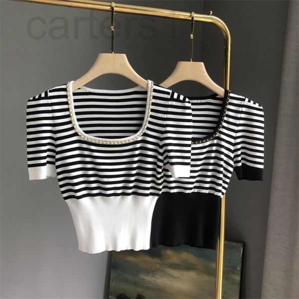 

women's sweaters designer nanyou quality knitwear women's 2022 summer new style elegant striped square collar chain short sleeved, White;black