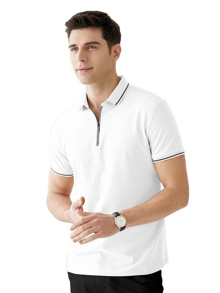 

men quarter zipper striped trim polo shirt 529g#, White;black