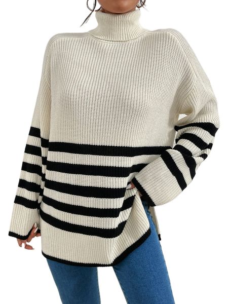 

stripe pattern turtleneck split hem drop shoulder sweater j34q#, White;black