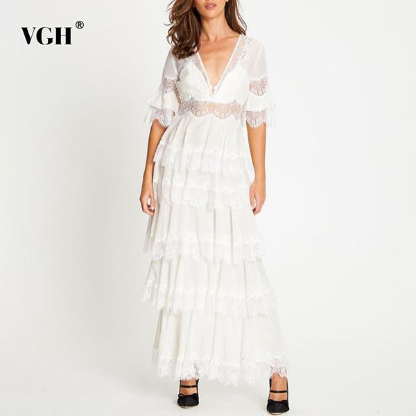 

elegant patchwork ruffle lace dress for women v neck short sleeve high waist maxi dresses female fashion clothing summer 210507, Black;gray