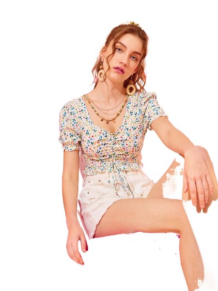 

x viktoriiavkart floral puff sleeve drawstring ruffle trim 26wf#, White