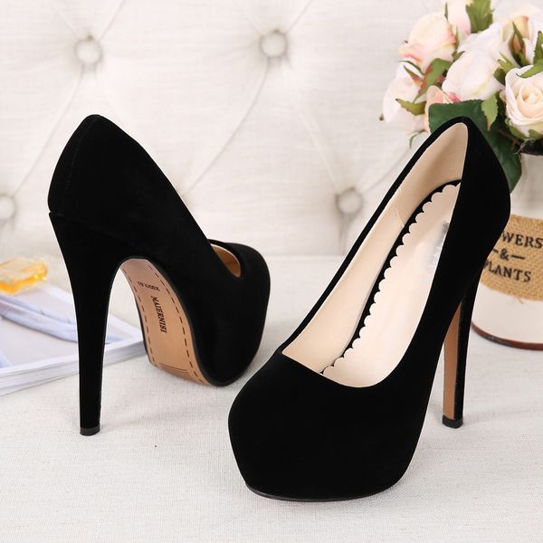 

extreme platform pumps woman flock small round toe high heels 14cm leisure fetish stilettos women s shoes size 34 220721, Black