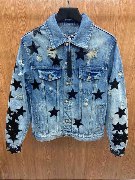 

mens designer jean jacket outwear black leather pentacle embroidery a 2022mirs jackets locomotive coat outside men clothing, Black;brown