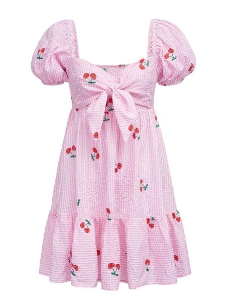 

mod gingham cherry embroidery puff sleeve knot front ruffle hem dress f8xi#, Black;gray