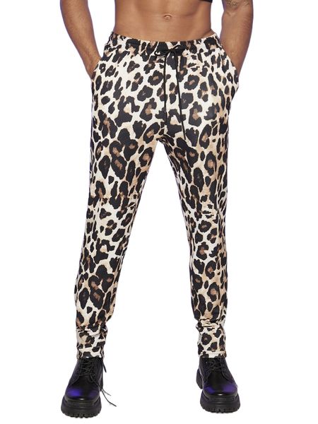 

men leopard print drawstring waist pants n6l5#, Black