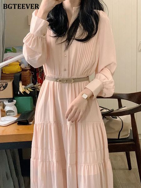 

elegant stand collar women a-line dress long sleeve single-breasted belted slim waist female dress vestidos 2022, Black;gray