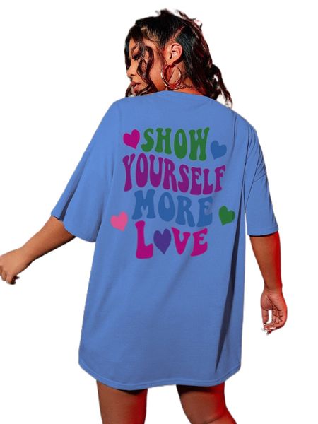 

plus slogan & heart print drop shoulder tee v9vr#, Black