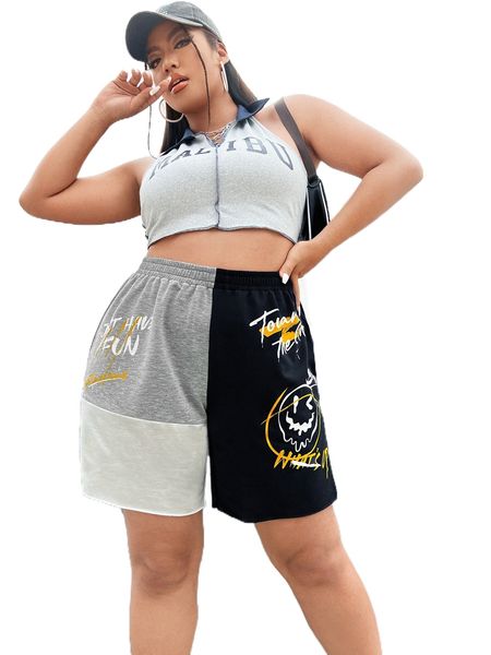 

plus colorblock cartoon face print track shorts p3fc#, Black