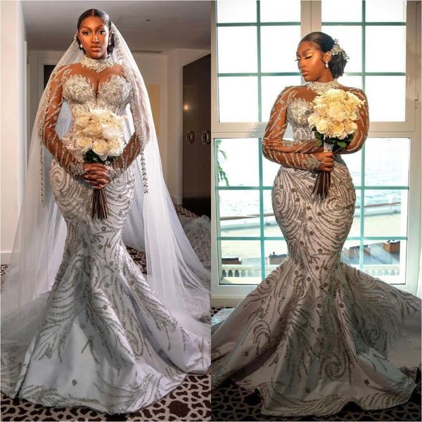 Afrikanische Brautkleider für Frauen 2022 Braut Kleider Luxus Meerjungfrau vestido de novia Spitze Pailletten Lange Ärmeln Hochzeit Kleid
