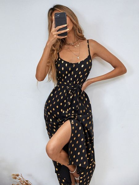 

button front gold dot belted cami dress 43ly#, Black;gray
