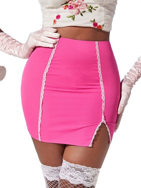 

contrast lace trim split hem skirt n4ne#, Black