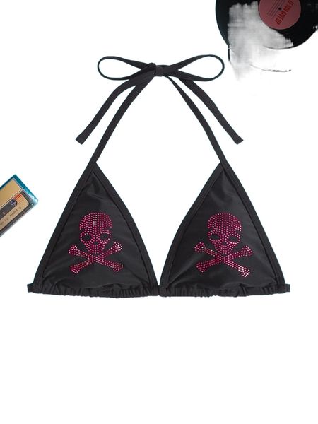 

romwe cyber luvr skull rhinestone triangle halter bikini q2mh#, White;black