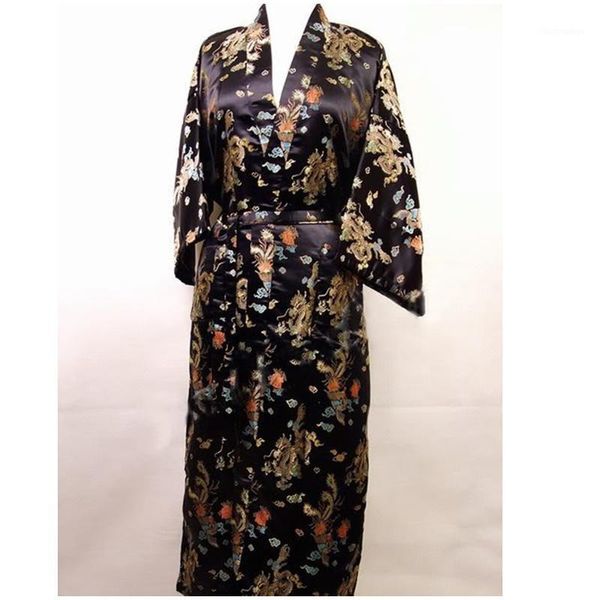 Promosyon Siyah erkek İpek Bornoz Klasik Çin Geleneksel Baskılı Kimono Elbise Boyut S M L XL XXL ZR14