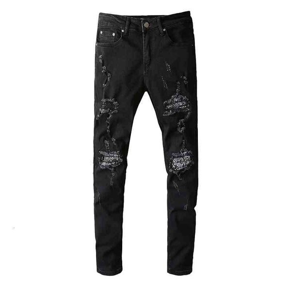 

men's jeans 666 high street fashion brand jeans men's autumn and winter hole patch trend slim pants e0yj, Blue