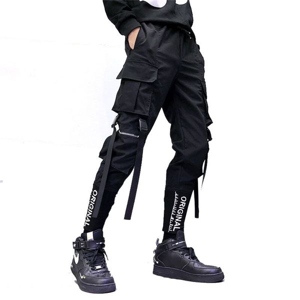 

hip hop men ribbons cargo pants fashion harajuku elastic waist casual streetwear mens joggers trousers black 220810