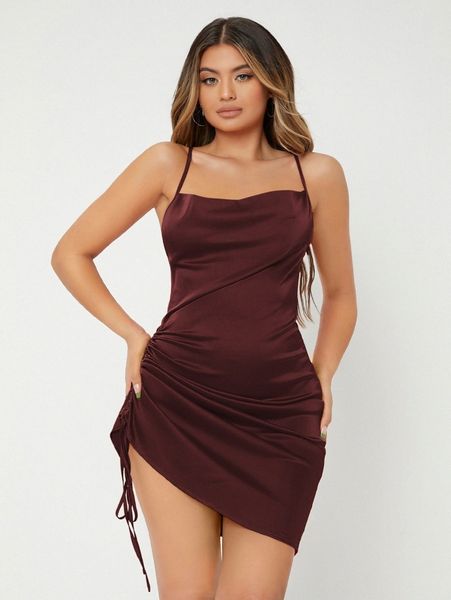 

club drawstring ruched crisscross cami satin dress e7qa#, Black;gray