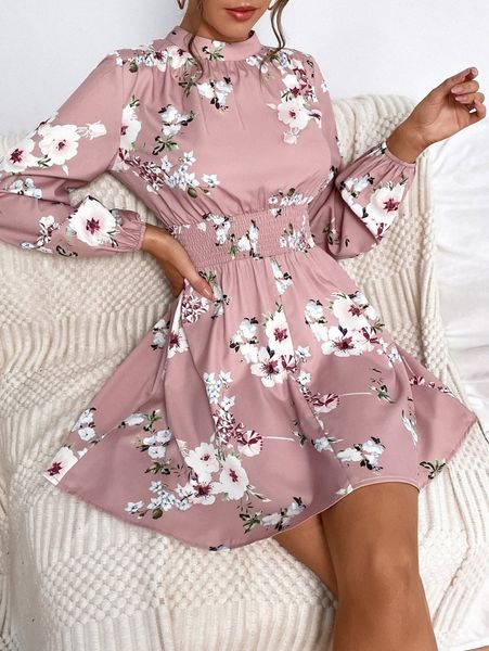 

floral print mock neck lantern sleeve shirred waist dress v0sv#, Black;gray