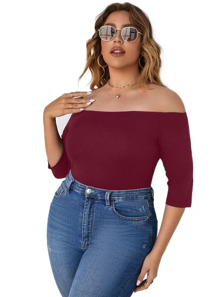 

plus off shoulder solid tee m4zy#, Black