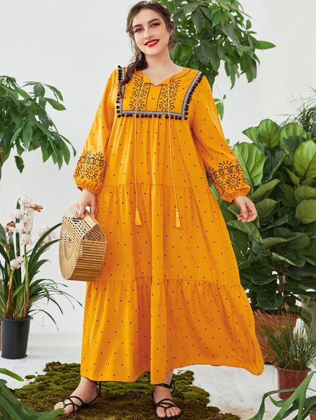 

plus polka dot geo embroidery tassel tie neck ruffle hem dress m3cr#, Black