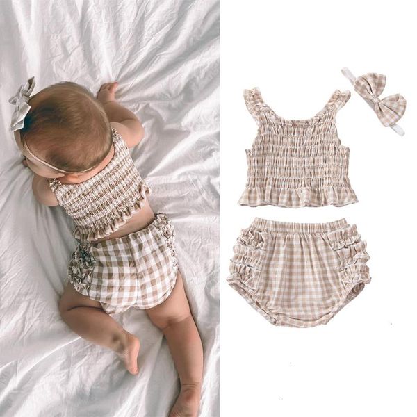 

3pcs summer lovely baby girls casual clothes sets sleeveless plaid print ruffles vest layered high waist shorts outfits, White