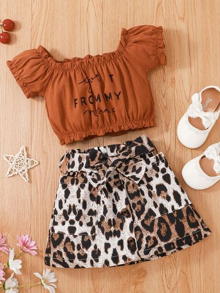 

toddler girls slogan graphic puff sleeve & leopard belted skirt she, White