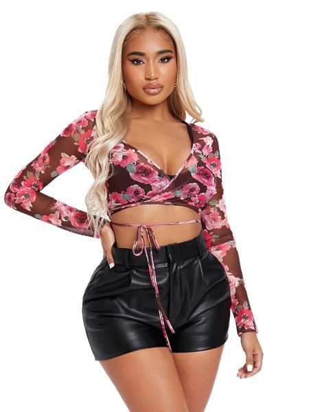 

sxy wrap tie front floral mesh c7im#, White
