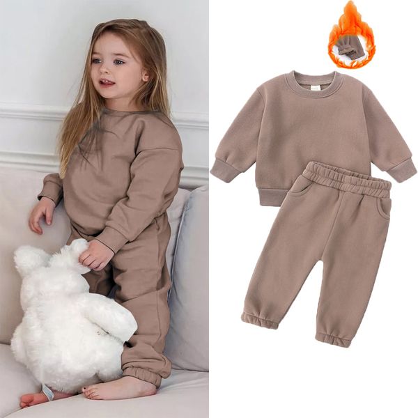 Inverno Inverno Autumn Cotton Roupos Terne infantler menina menina pulôver sólido moletom calça infantil 2pcs lã de lã de traje esportivo