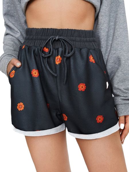 

floral print drawstring waist roll up hem shorts 87bq#, White;black
