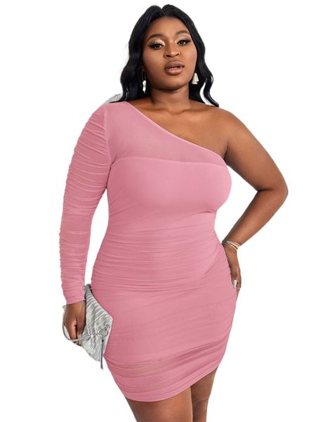 

sxy plus solid one shoulder mesh bodycon dress 69bv#, Black
