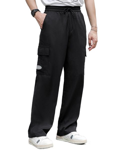 

men letter patched detail flap pocket drawstring waist pants i5wx#, Black