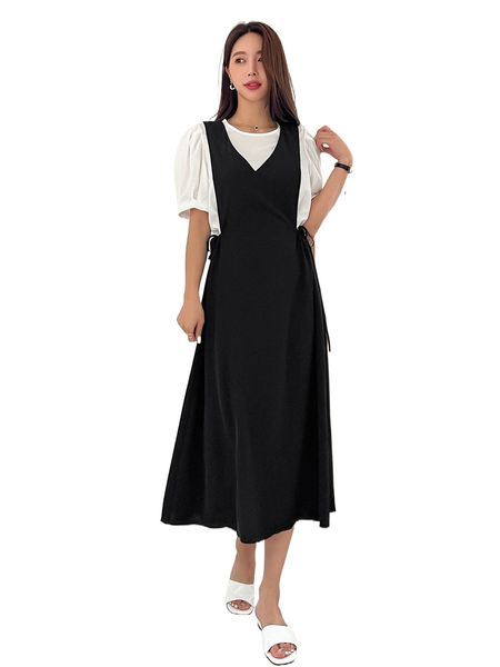 

dazy keyhole back puff sleeve blouse & pinafore dress w8ym#, White