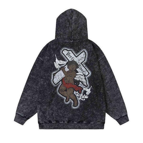 

2022 autumn new loose loop high street hooded hoodie for couples, Black