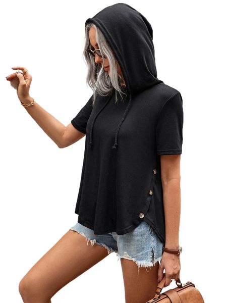

button side drawstring hooded tee t84x#, White