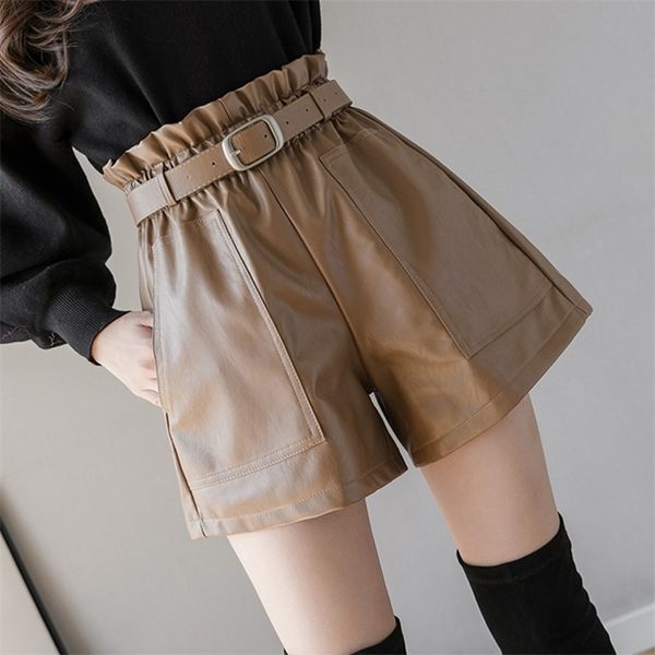 

leather shorts women black faux en cuir pu plus size casual elastic high waist wide leg sashes ladies shorts female 2021 autumn 210306, White;black