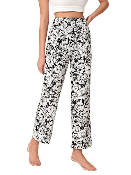 

high waist floral print pants x2cq#, Black;white