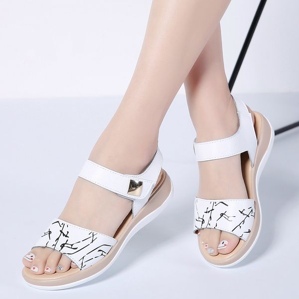 

stq 2019 women sandals summer genuine leather flat sandals ankle strap flat sandals ladies white peep toe flipflops shoes 1803, Black