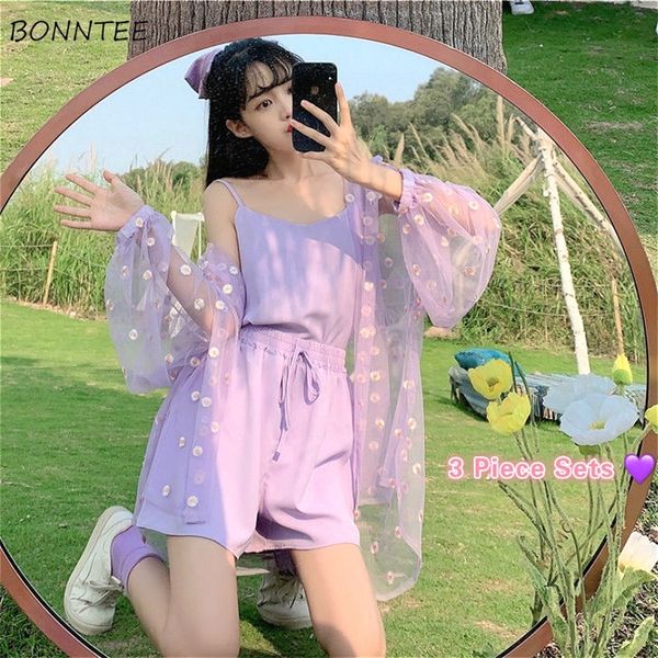 

women 3 piece sets summer sweet girls set soft sunproof floral ins outwear chic lady crop high waist drawstring shorts 220611, White