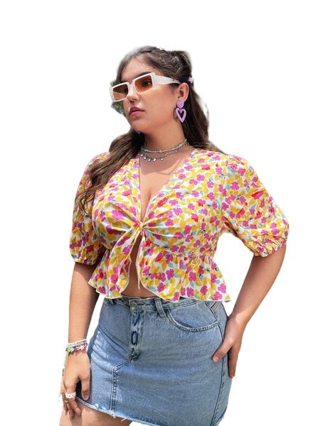 

plus allover floral print puff sleeve knot front peplum blouse o12n#, Black